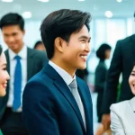 재무위험관리사 취업을 위한 네트워킹 전략 - **Prompt:** A dynamic scene capturing a professional networking event in a modern, brightly lit conf...