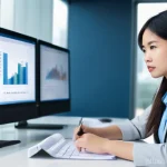 재무위험관리사의 업무 스트레스 관리 - **Prompt:** A young Vietnamese financial risk manager, dressed in a sharp business casual outfit (bl...