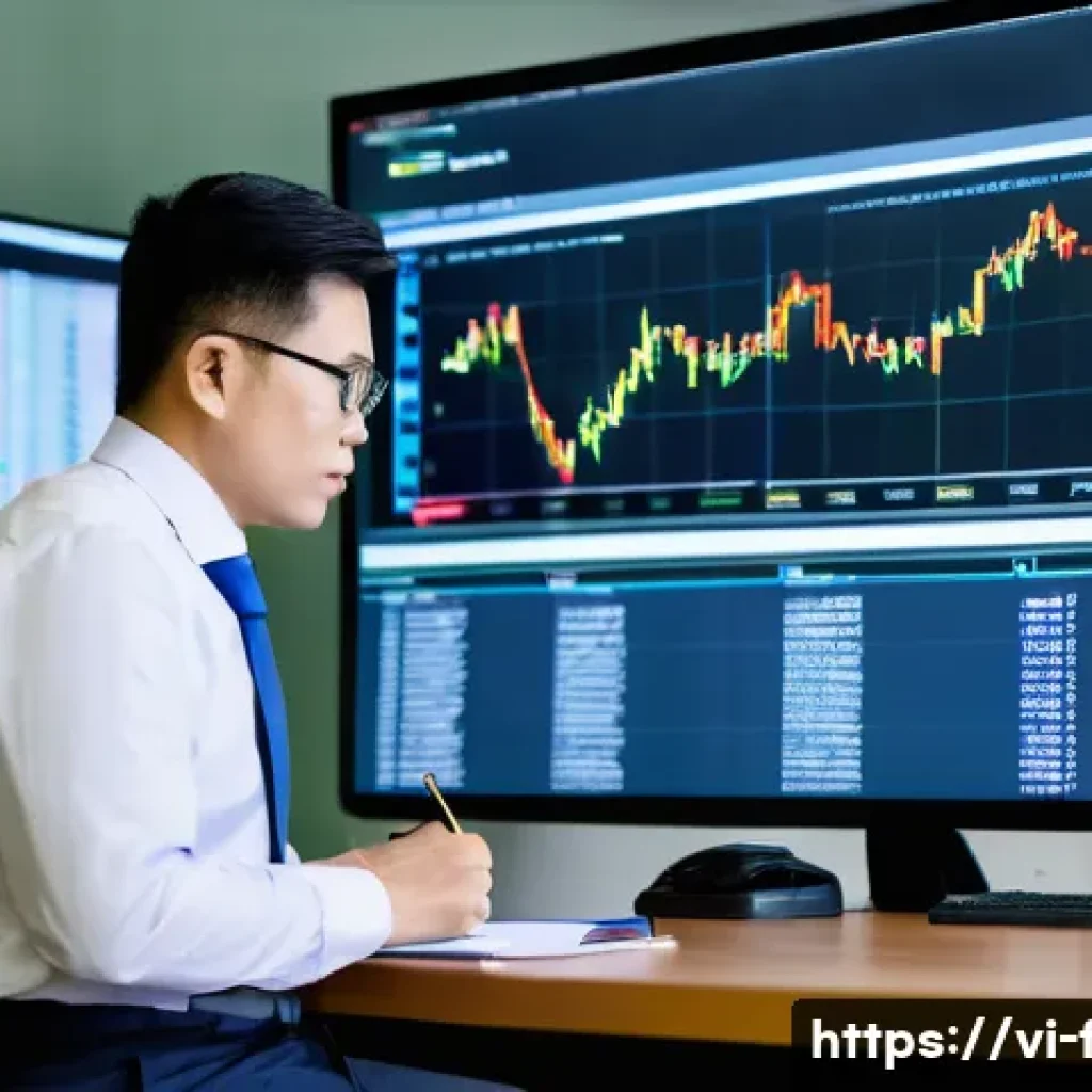 재무위험관리사의 멘토링 프로그램 참여기 - A professional Vietnamese financial analyst in a modern office setting, surrounded by multiple large...