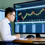 재무위험관리사의 멘토링 프로그램 참여기 - A professional Vietnamese financial analyst in a modern office setting, surrounded by multiple large...