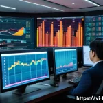 재무위험관리사가 알아야 할 빅데이터 개념 - A modern Vietnamese financial office setting with diverse professionals analyzing big data on multip...