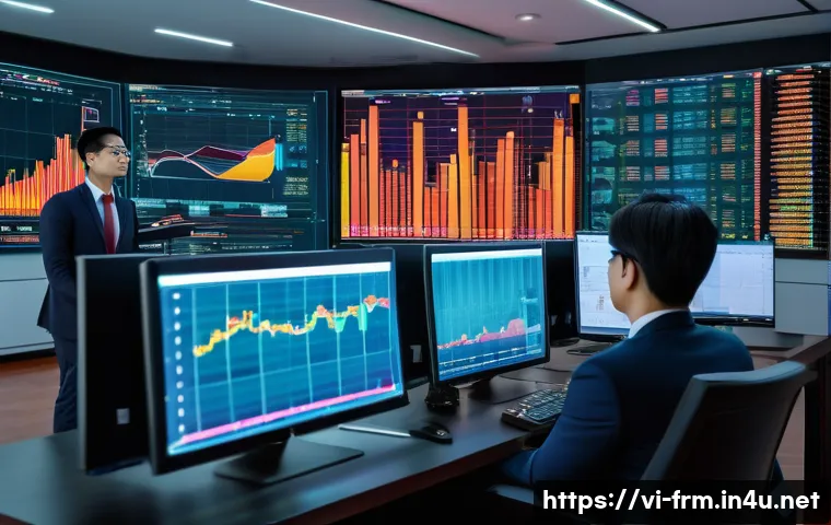 재무위험관리사가 알아야 할 빅데이터 개념 - A modern Vietnamese financial office setting with diverse professionals analyzing big data on multip...