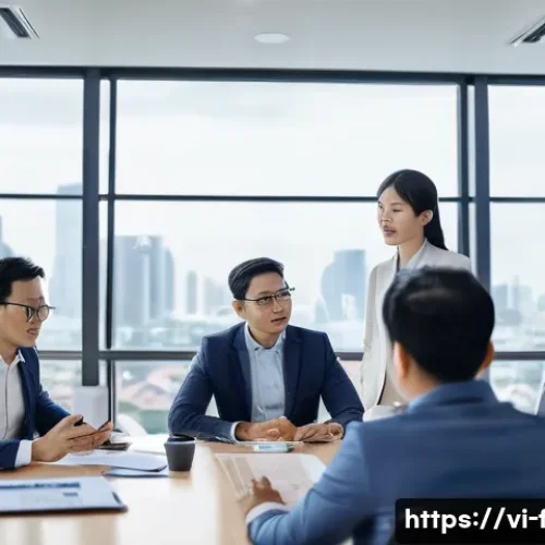 재무위험관리사로서 팀 리더가 되는 법 - A diverse professional Vietnamese financial risk management team in a modern office setting, engaged...