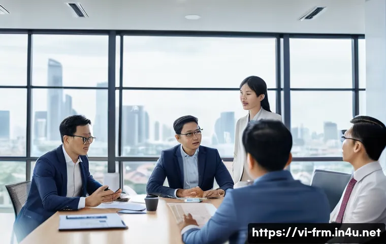 재무위험관리사로서 팀 리더가 되는 법 - A diverse professional Vietnamese financial risk management team in a modern office setting, engaged...