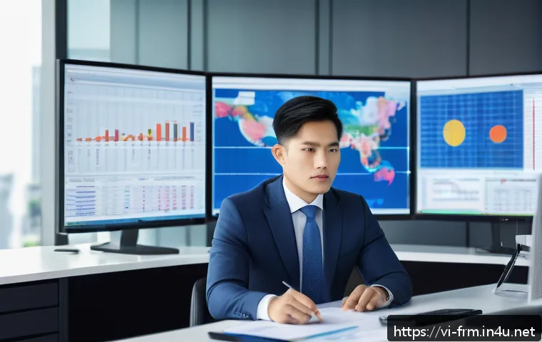 FRM 자격증 취득 후 경력 전환 성공 사례 - A professional Vietnamese financial analyst in a modern office setting, wearing business attire with...