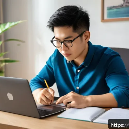 FRM 공부를 위한 추천 온라인 강의 - A focused Vietnamese adult student studying for the FRM exam at home, surrounded by various online l...