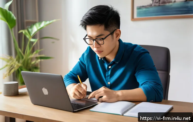 FRM 공부를 위한 추천 온라인 강의 - A focused Vietnamese adult student studying for the FRM exam at home, surrounded by various online l...
