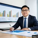 FRM 자격증 취득 후 기업 내 직무 변화 - A professional Vietnamese financial risk manager in a modern office, confidently presenting a compre...