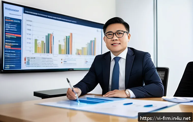 FRM 자격증 취득 후 기업 내 직무 변화 - A professional Vietnamese financial risk manager in a modern office, confidently presenting a compre...